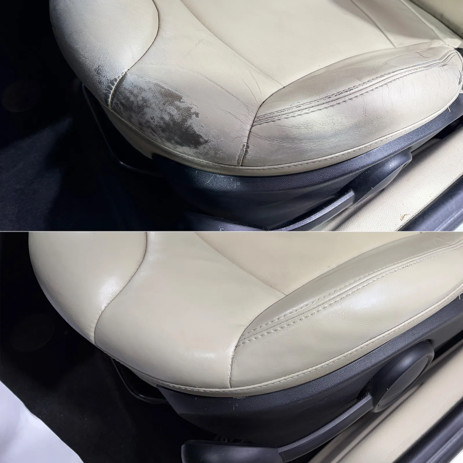 Restauration d'une sellerie cuir — avant et après, atelier Hancock Motors